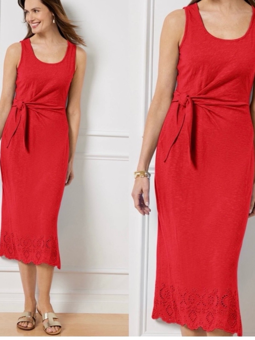 Talbots Nantucket Red Slub Midi Dress Sleeveless Side Tie Coastal Preppy SP
